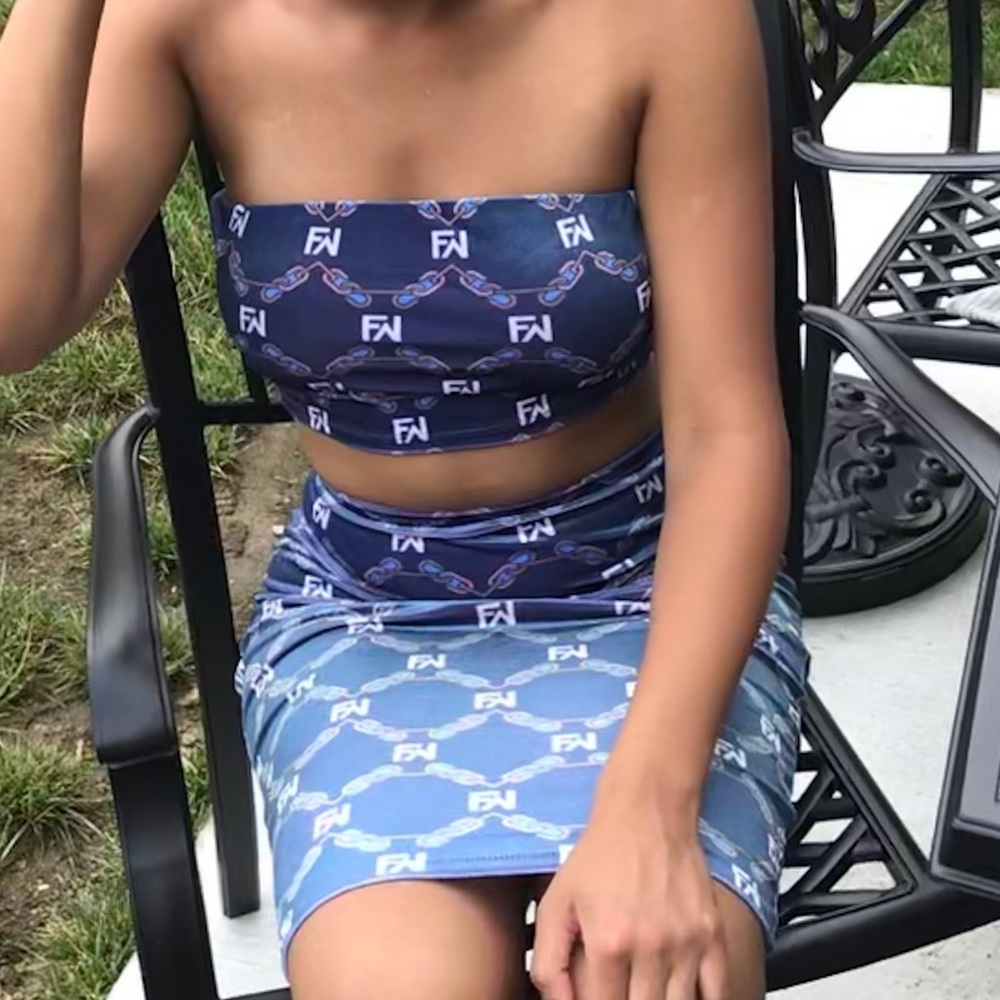 Fashionnova logo’d blue skirt set
